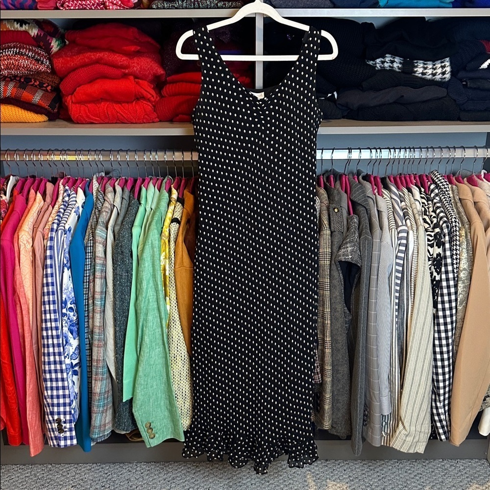 Willi Smith black/white polka dot sleeveless v neck lined midi dress size S